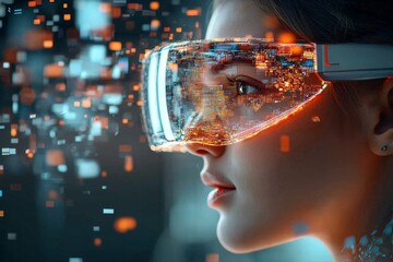 Poster - Innovative technology showcase featuring a young woman wearing futuristic augmented reality glasses