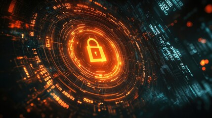 Poster - Futuristic Digital Security Concept with Lock Symbol and Data Flow