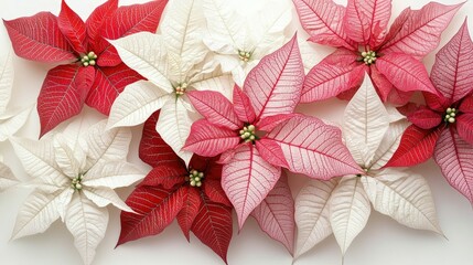 Sticker - Star-like formation of red, pink, and white poinsettia leaves with intricate details, set on a smooth white surface