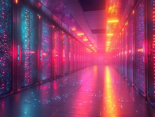 Poster - Futuristic Data Center with Holographic Security Shields and Vibrant Lighting Concept