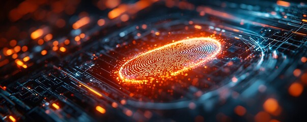 Poster - glowing fingerprint icon on cybersecurity authentication screen