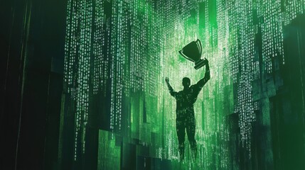 Fototapete - Triumph in the Digital Realm A Champion Rises Amidst the Binary Code