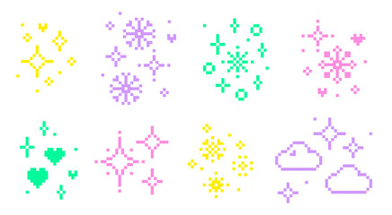 Poster - Vector winter elements on white background. Y2k pixel colorful video game elements set. Cute Christmas icons with snowflake, star, sparkle, heart, crystal and snow designs. Magic party light texture
