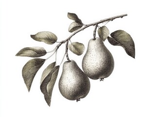 Wall Mural - Pear Botanical. Vintage Engraving of Pear Tree Branch on White Background