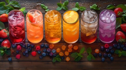 Wall Mural - Six colorful refreshing iced drinks with fruits and ice in glasses on wooden background.