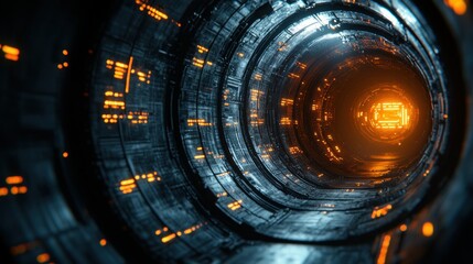 Poster - Futuristic tunnel with glowing elements and digital displays.