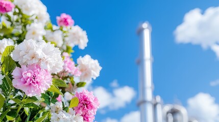 Sticker - Pink and white flowers in foreground, industrial plant in background, under a blue sky.