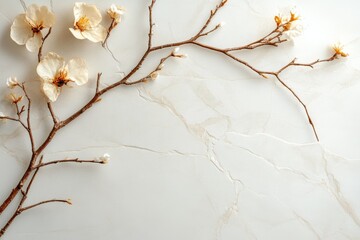 Canvas Print - White flowering branch laid on a light marble surface emphasizing natural beauty and texture