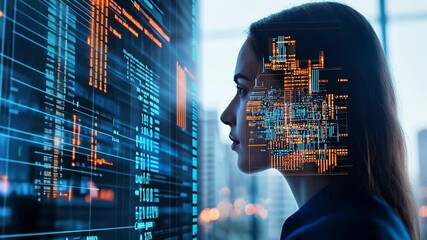 Woman engaging with advanced technology demonstrating digital data analysis in a modern urban environment