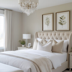 Wall Mural - A modern bedroom with neutral tones, a white and beige velvet bed frame, grey walls, a crystal chandelier, a window with light cream curtains, large windows.
