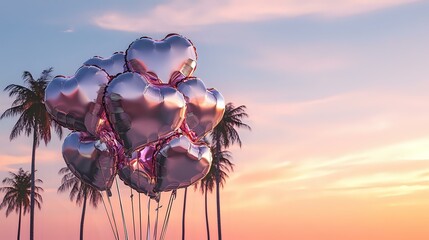 Wall Mural - heart-shaped balloons in metallic hues of silver and rose, set against a dreamy sunset sky with fain