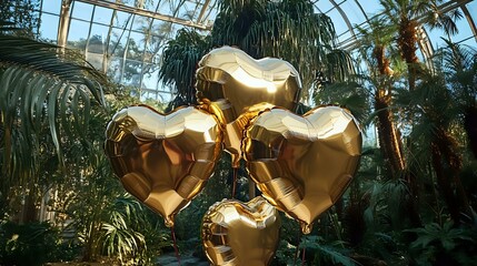 Metallic heart balloons in gold and navy blue soaring near an elegant glass conservatory filled with exotic plants