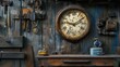 © Artittaya - Vintage Clock and Tools on Rustic Wooden Wall in Workshop