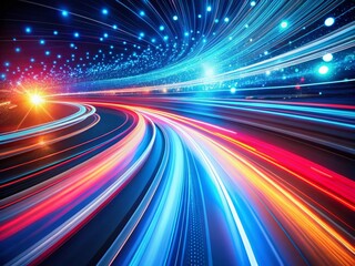 Poster - Abstract Digital Motion Blur: Red & Blue Light Trails, Technology Data Transfer, 3D Curved Lines