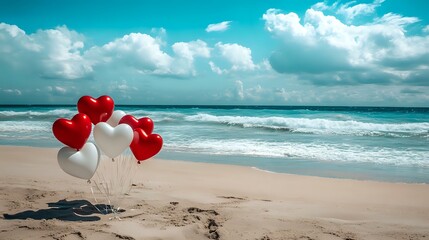 Wall Mural - red and white heart balloons scattered on a sandy beach with turquoise waves gently crashing in the 