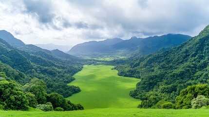 Sticker - Lush green valley nestled between mountains under cloudy sky.