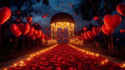 Wall Mural - Vibrant red heart balloons scattered along a trail of rose petals leading to a glowing gazebo