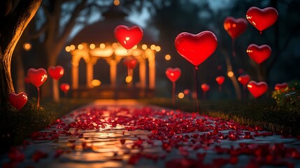 Wall Mural - Vibrant red heart balloons scattered along a trail of rose petals leading to a glowing gazebo