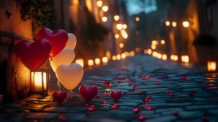 Wall Mural - White and crimson heart balloons scattered along a cobblestone pathway lined with glowing lanterns