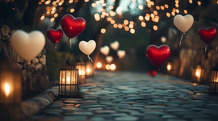 Wall Mural - White and crimson heart balloons scattered along a cobblestone pathway lined with glowing lanterns