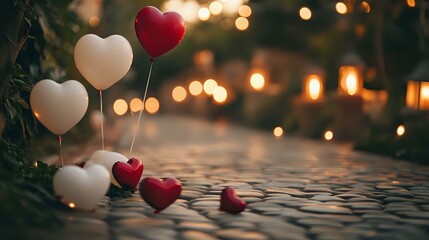 Wall Mural - White and crimson heart balloons scattered along a cobblestone pathway lined with glowing lanterns