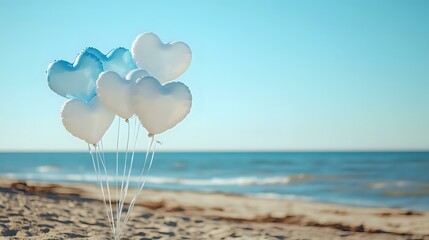 Wall Mural - white and light blue heart balloons drifting under a clear sunny sky over a tranquil beach wedding s
