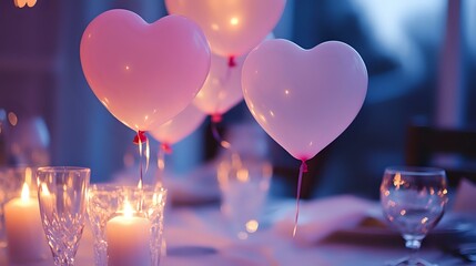 Wall Mural - White and pink heart balloons softly glowing near a candle-lit dinner table with crystal glasses and fine china