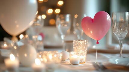 Wall Mural - White and pink heart balloons softly glowing near a candle-lit dinner table with crystal glasses and fine china