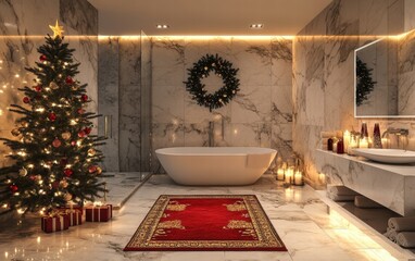 luxurious marble bathroom with a bold red-and-gold christmas tree, soft rugs, and warm candlelight c