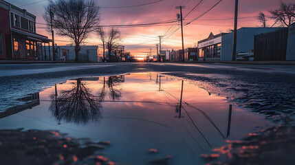 Wall Mural - Empty street with buildings reflected in a puddle at sunset, featuring power lines, asphalt road, and winter trees under a pastel sky.