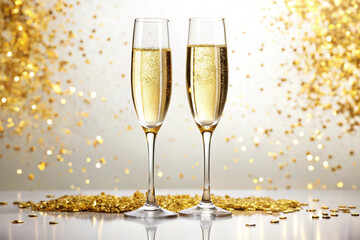 Two Glasses of Champagne with Golden Confetti Celebration