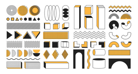 Poster - Memphis abstract shapes and forms, geometric flat and 3d figures, sticker set, retro decorative vector graphic elements with colorful accents.