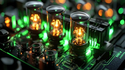 Poster - Vintage Vacuum Tubes on Circuit Board with Green LED Lights