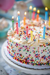 A colorful birthday cake with lit candles and sprinkles, ready for a celebration.