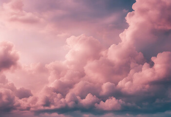 Wall Mural - Beautiful background image of a romantic blue sky with soft fluffy pink clouds Panoramic natural vie