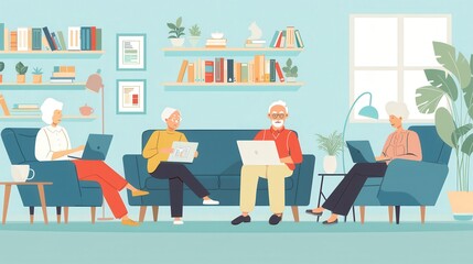 Leinwandbilder - Elderly individuals engaging in online learning activities with laptops and tablets in a comfortable living room setting. Generative AI