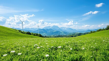 Canvas Print - Sunny meadow with wind turbines and mountains.