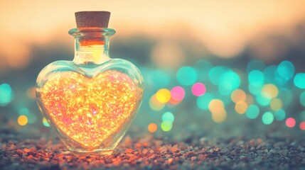 Wall Mural - A heart shaped glass bottle emits a warm glowing light, standing amidst a softly blurred background of colorful bokeh during sunset