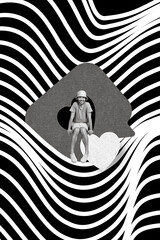 Poster - Vertical collage illustration of guy sit like notification instagram facebook telegram isolated on creative zebra striped background
