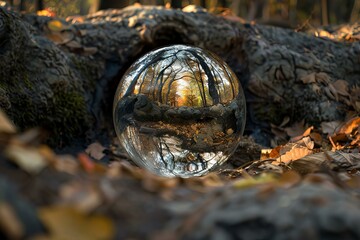 Poster - Crystal ball is reflecting a sunny autumn forest floor with a thick tree trunk and many fallen leaves