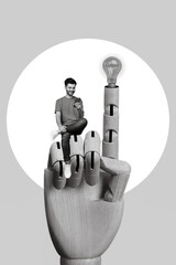 Poster - Photo sketch collage graphics artwork picture of smart guy chatting modern device sitting fake arm pointing finger isolated drawing background