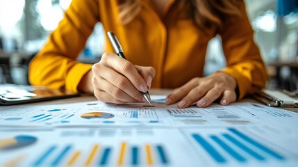 Poster - Tax professional preparing a visual presentation on effective retirement savings plans Stock Photo with side copy space