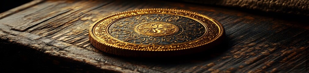 Antique gold coin rests on aged wooden surface.