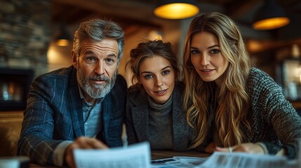 Poster - Financial advisor assisting a family with tax returns and FAFSA verification documents Stock Photo with side copy space