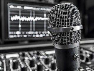 Poster - Close-up of a microphone in a recording studio.