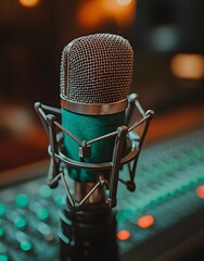 Poster - Close-up of a professional microphone on a mixing console.