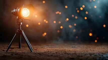 A dynamic, bright spotlight on a tripod illuminates a background filled with abstract spark particles, symbolizing innovation and energetic creativity with vibrant contrast.