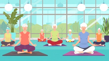 Aufkleber - Elderly participants engaged in guided fitness and yoga session indoors with instructor leading the activity. Generative AI