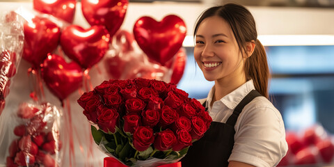 Wall Mural - Young female florist in flower shop assembling beautiful bunch of red roses for Valentine's day celebration