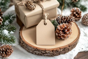 Christmas square gift tag mockup with craft wrapped gift box on a white background, close up. Template for text 